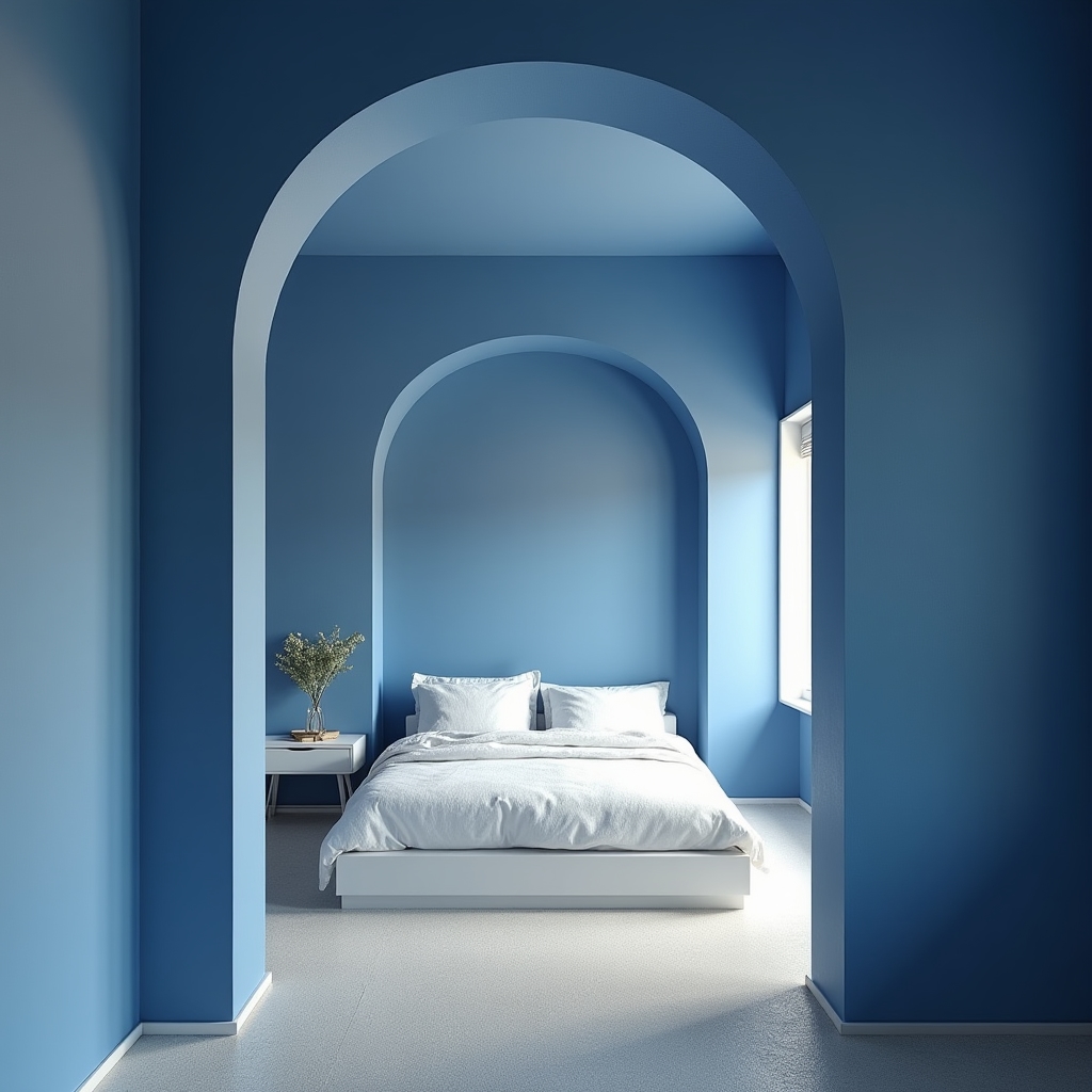 Dormitorio con paredes pintadas en azul profundo y acabado satinado, iluminación natural