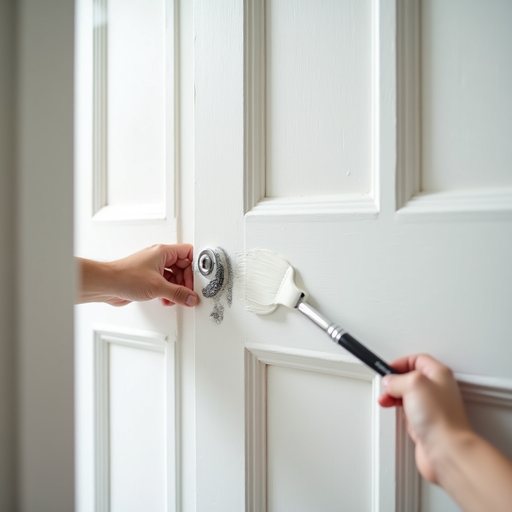Detalle de puerta interior siendo pintada con esmalte blanco, acabado liso y uniforme