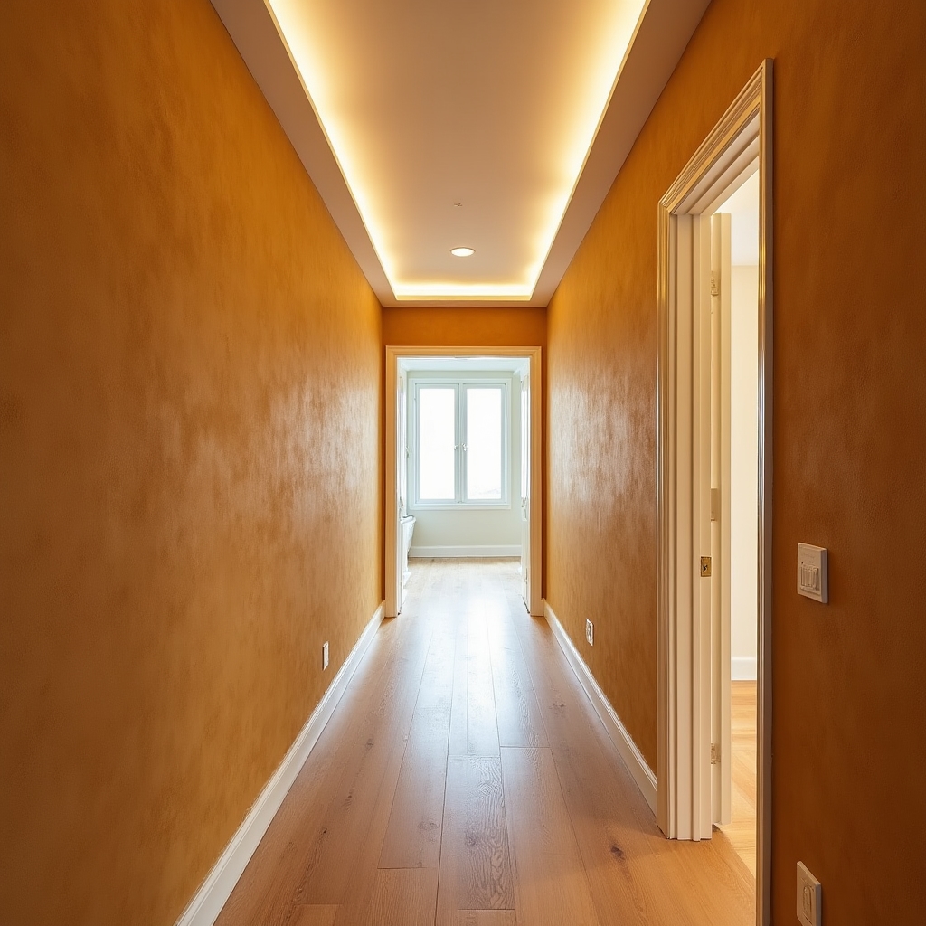 Pasillo con acabado texturizado en tonos cálidos, iluminación indirecta