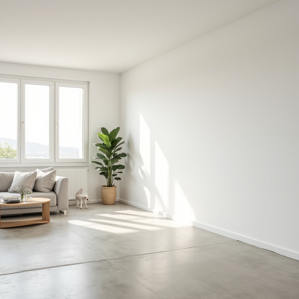 Salón de vivienda con pintura interior recién aplicada, acabado mate en tonos neutros