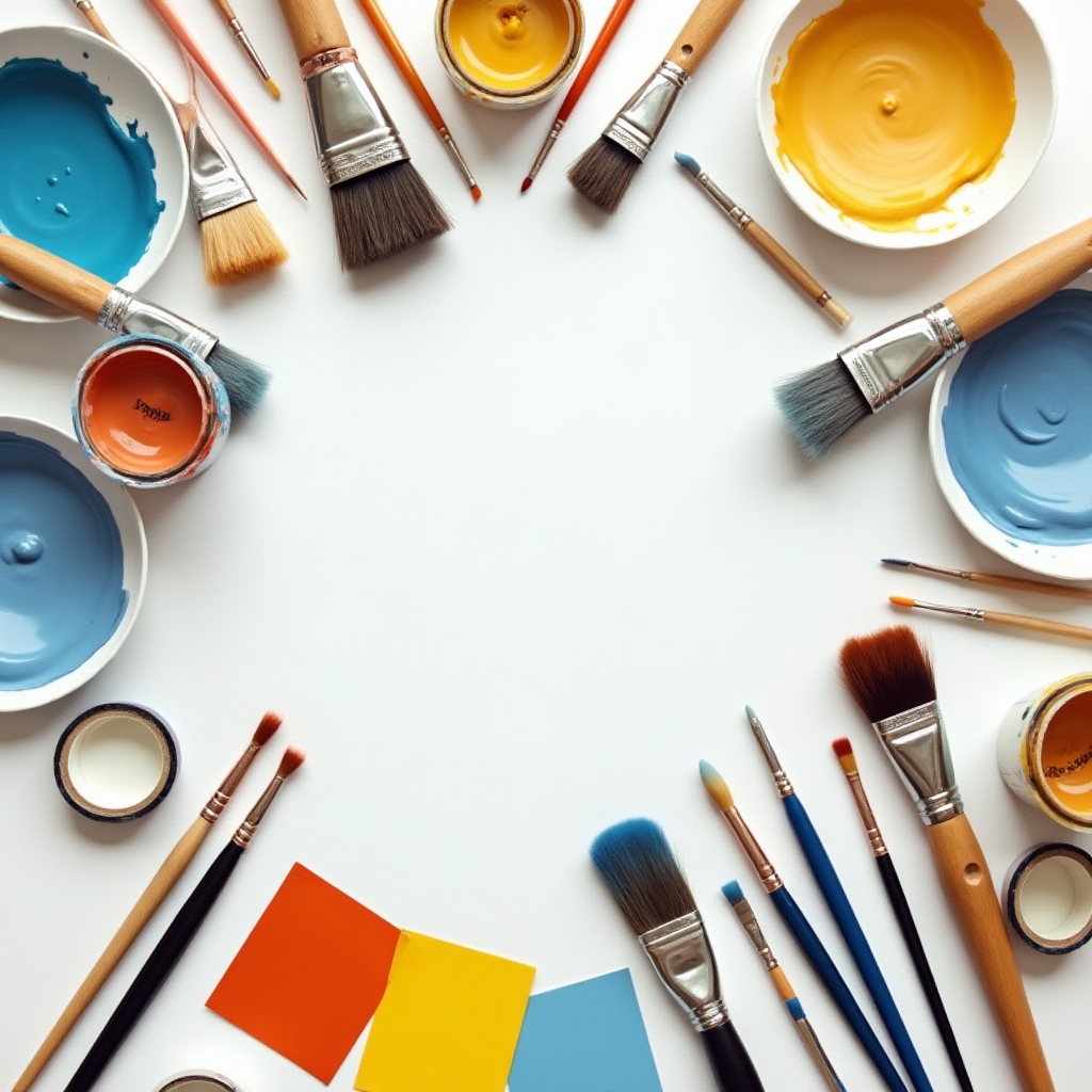 Herramientas y materiales de pintura profesional organizados sobre superficie de trabajo