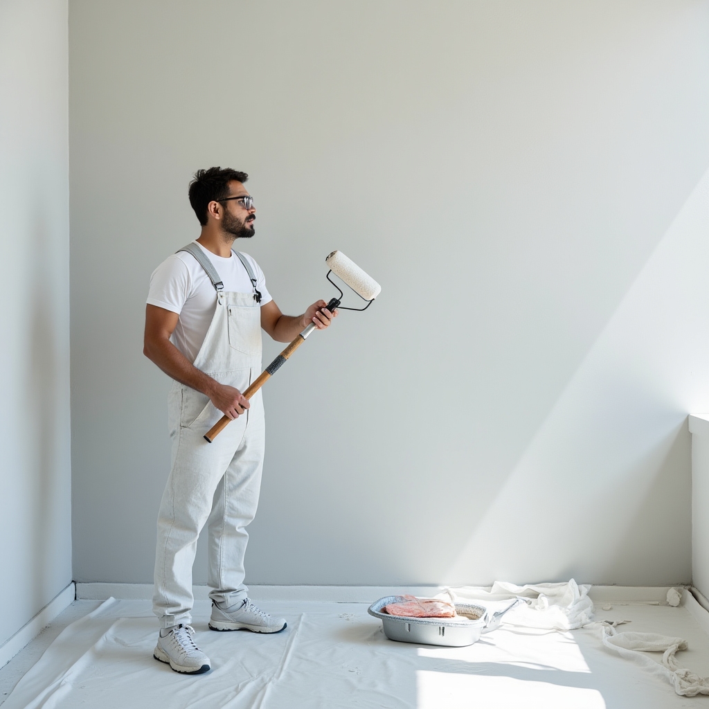 Profesional aplicando imprimación en pared con rodillo, equipo de protección y materiales propios