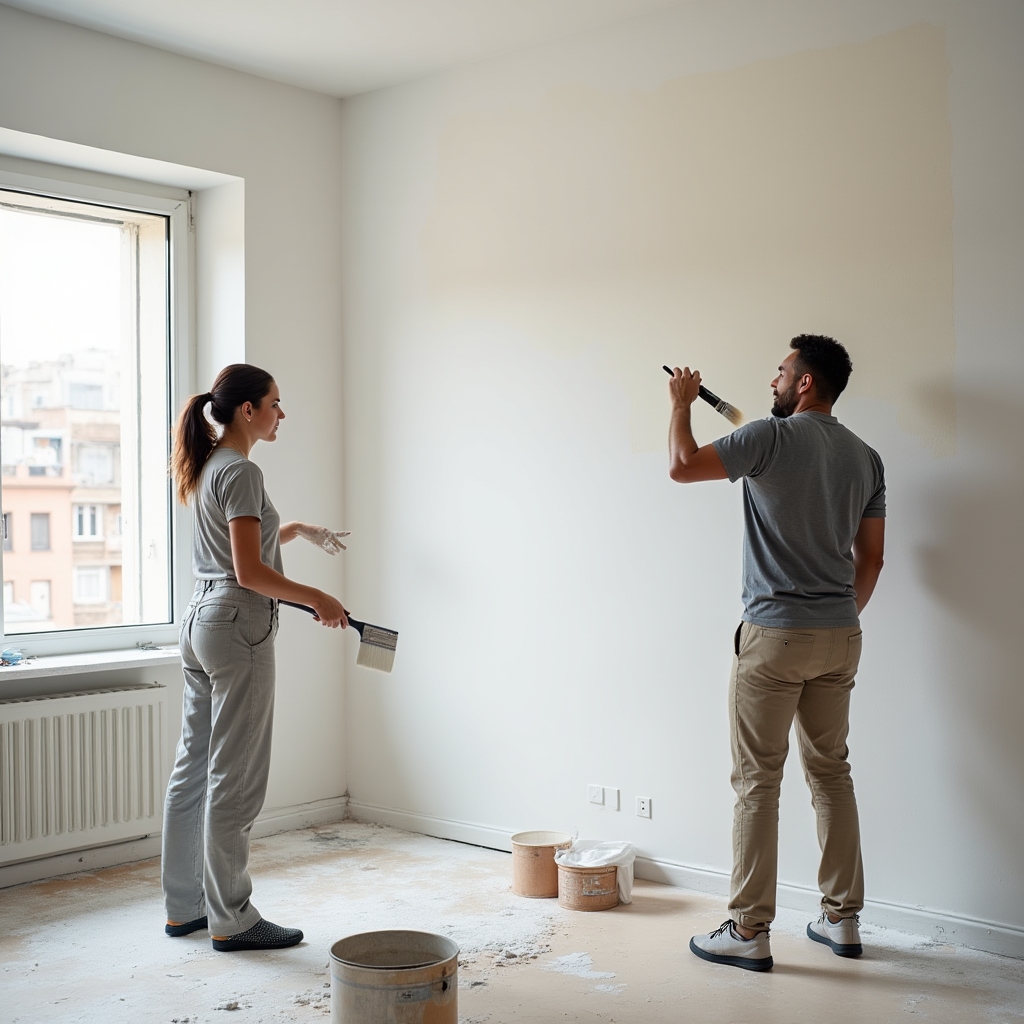 Equipo de pintores profesionales trabajando en el interior de una vivienda, aplicando pintura con rodillo